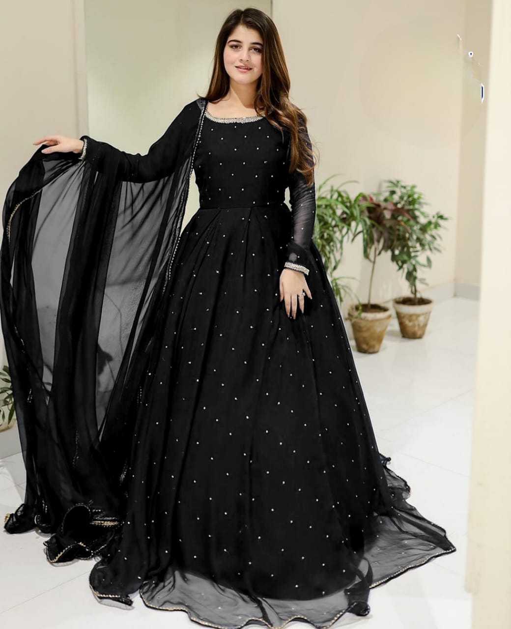 Pearl & Lace Work Long Flare Maxi with Dupatta – 3 Piece