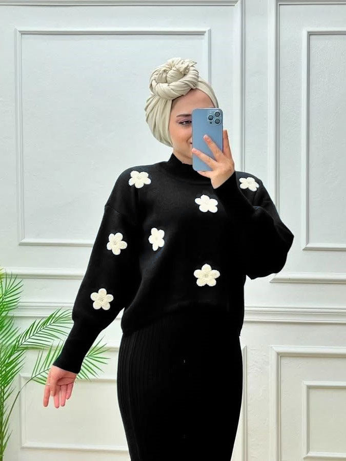 Revayat Black Bloomfit Ribbed Bodycon With Floral Top 2 Piece For Women