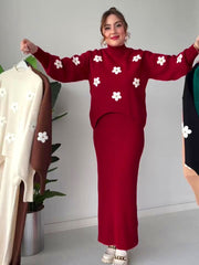 Revayat Maroon Bloomfit Ribbed Bodycon With Floral Top 2 Piece For Women