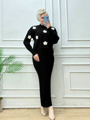 Revayat Black Bloomfit Ribbed Bodycon With Floral Top 2 Piece For Women