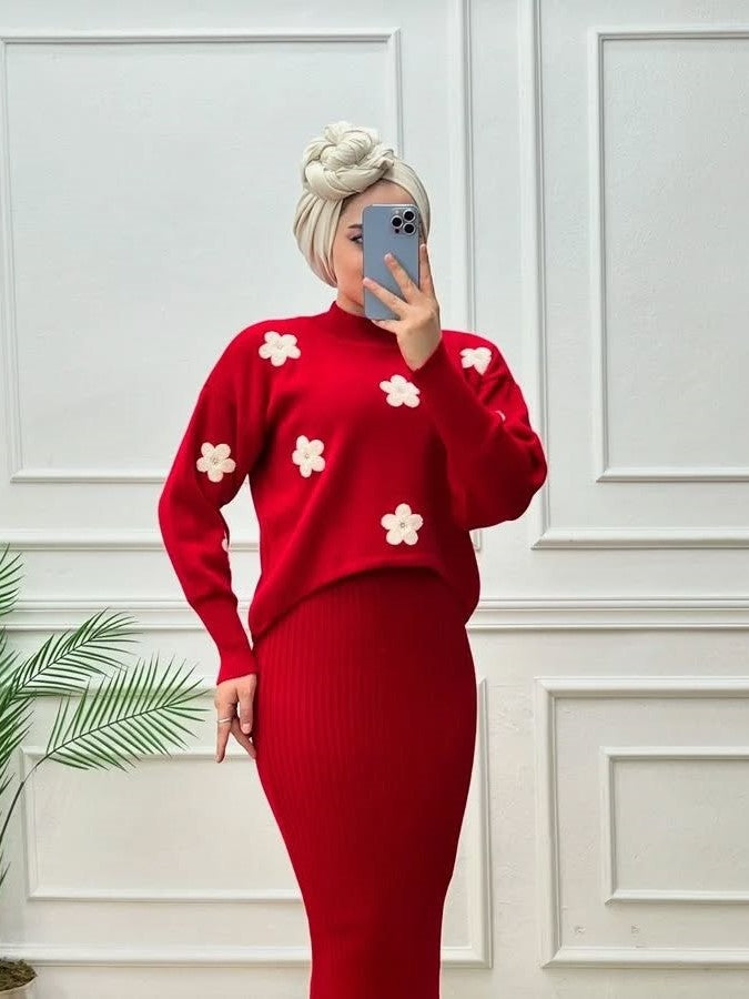 Revayat Maroon Bloomfit Ribbed Bodycon With Floral Top 2 Piece For Women