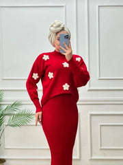 Revayat Maroon Bloomfit Ribbed Bodycon With Floral Top 2 Piece For Women