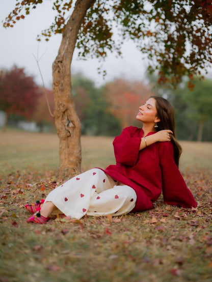 Heart Printed Flapper with V-Neck Short Style Shirt with both side Pockets - 2 Piece