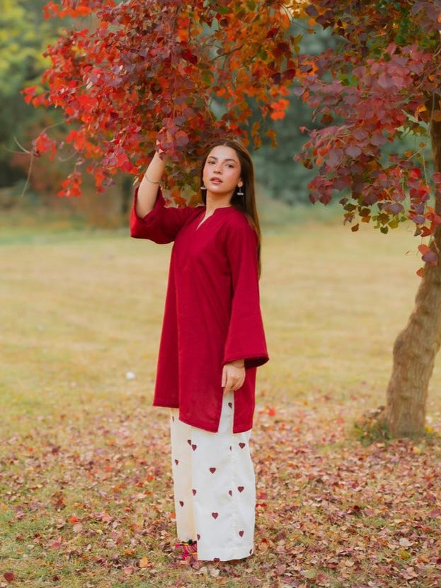 Heart Printed Flapper with V-Neck Short Style Shirt with both side Pockets - 2 Piece