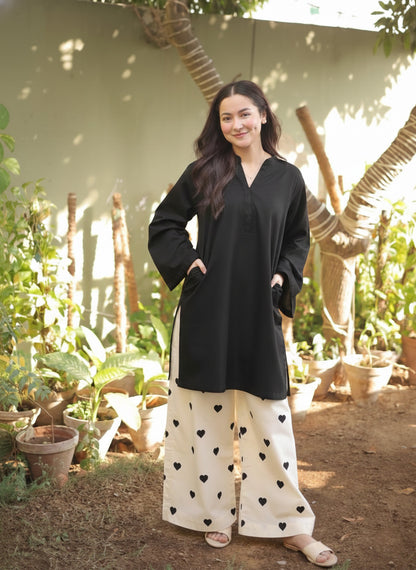 Heart Printed Flapper with V-Neck Short Style Shirt with both side Pockets - 2 Piece