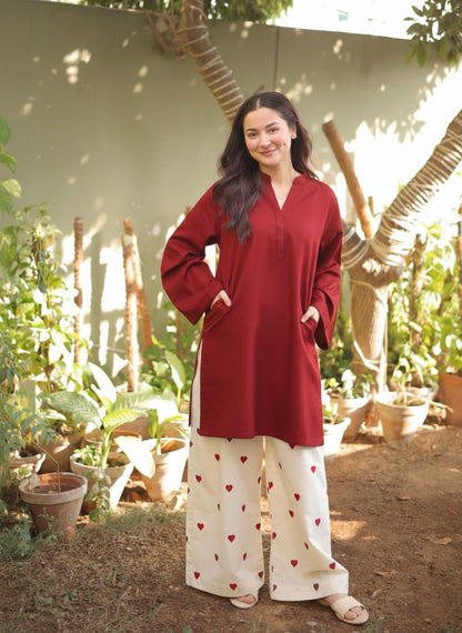 Heart Printed Flapper with V-Neck Short Style Shirt with both side Pockets - 2 Piece