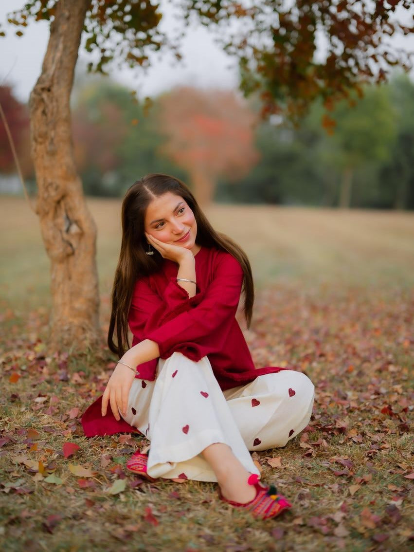 Heart Printed Flapper with V-Neck Short Style Shirt with both side Pockets - 2 Piece