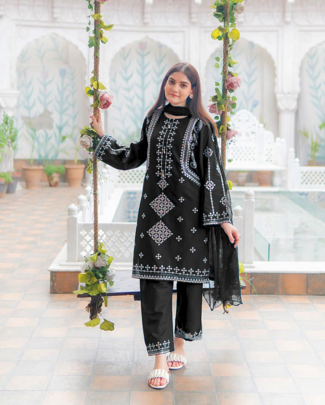 Front & Sleeves Heavy Sequence Embroidered Shirt with Embroiderer Trouser & Dupatta - 3 Piece