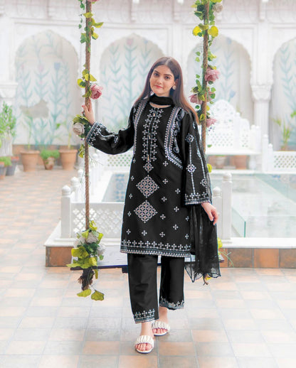 Front & Sleeves Heavy Sequence Embroidered Shirt with Embroiderer Trouser & Dupatta - 3 Piece