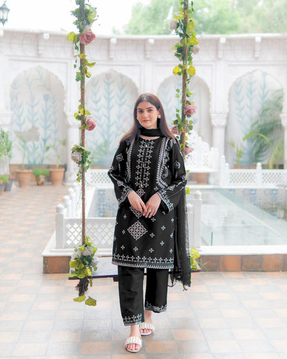Front & Sleeves Heavy Sequence Embroidered Shirt with Embroiderer Trouser & Dupatta - 3 Piece