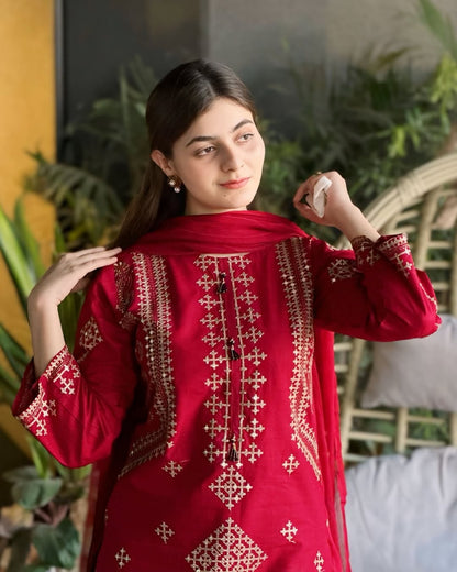 Front & Sleeves Heavy Sequence Embroidered Shirt with Embroiderer Trouser & Dupatta - 3 Piece