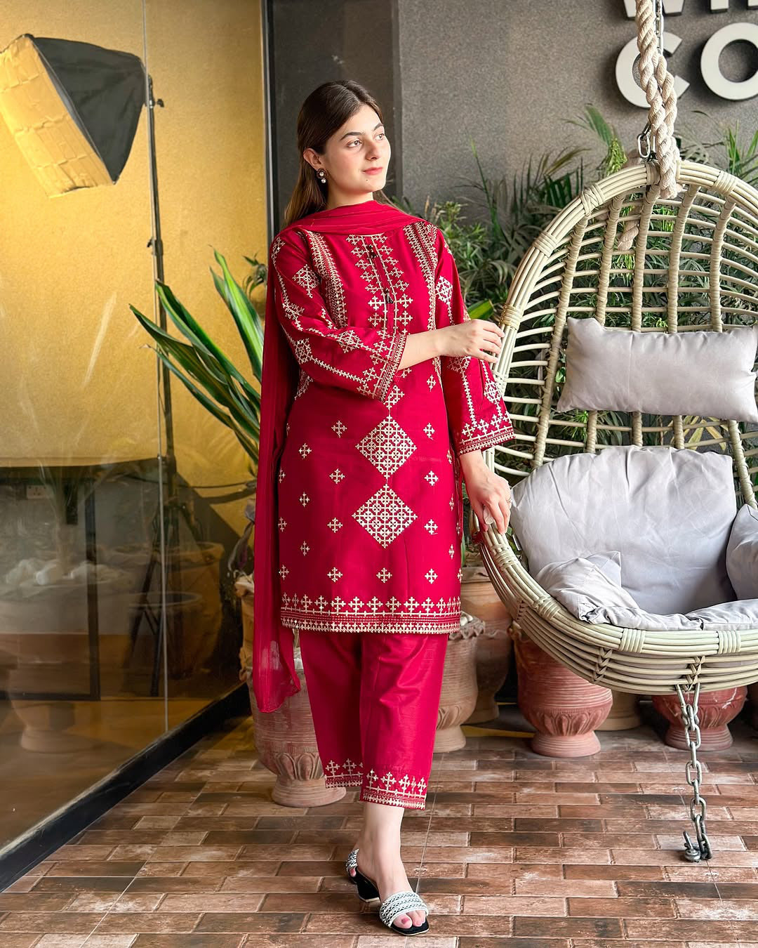 Front & Sleeves Heavy Sequence Embroidered Shirt with Embroiderer Trouser & Dupatta - 3 Piece