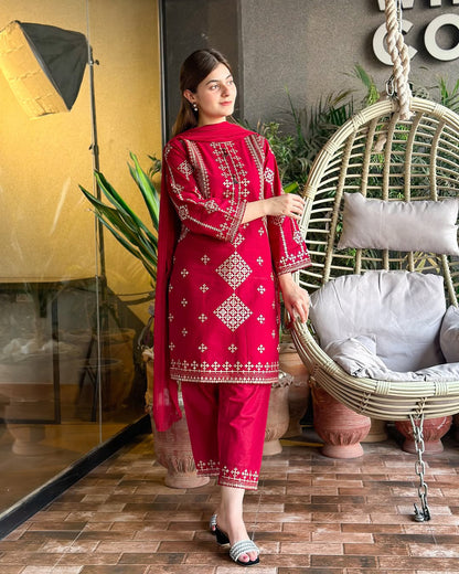 Front & Sleeves Heavy Sequence Embroidered Shirt with Embroiderer Trouser & Dupatta - 3 Piece