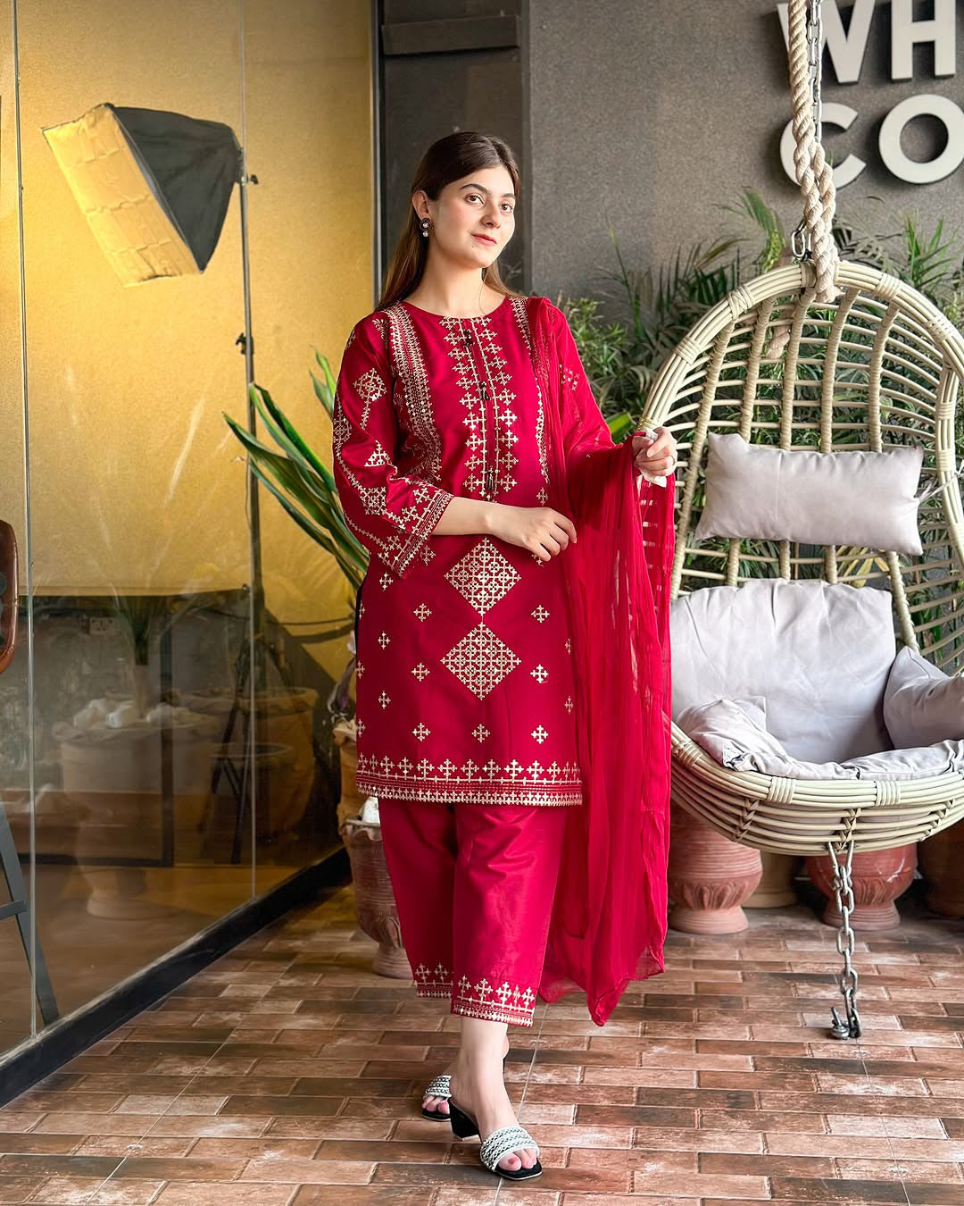Front & Sleeves Heavy Sequence Embroidered Shirt with Embroiderer Trouser & Dupatta - 3 Piece