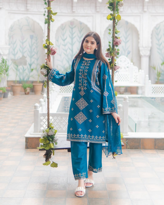 Front & Sleeves Heavy Sequence Embroidered Shirt with Embroiderer Trouser & Dupatta - 3 Piece