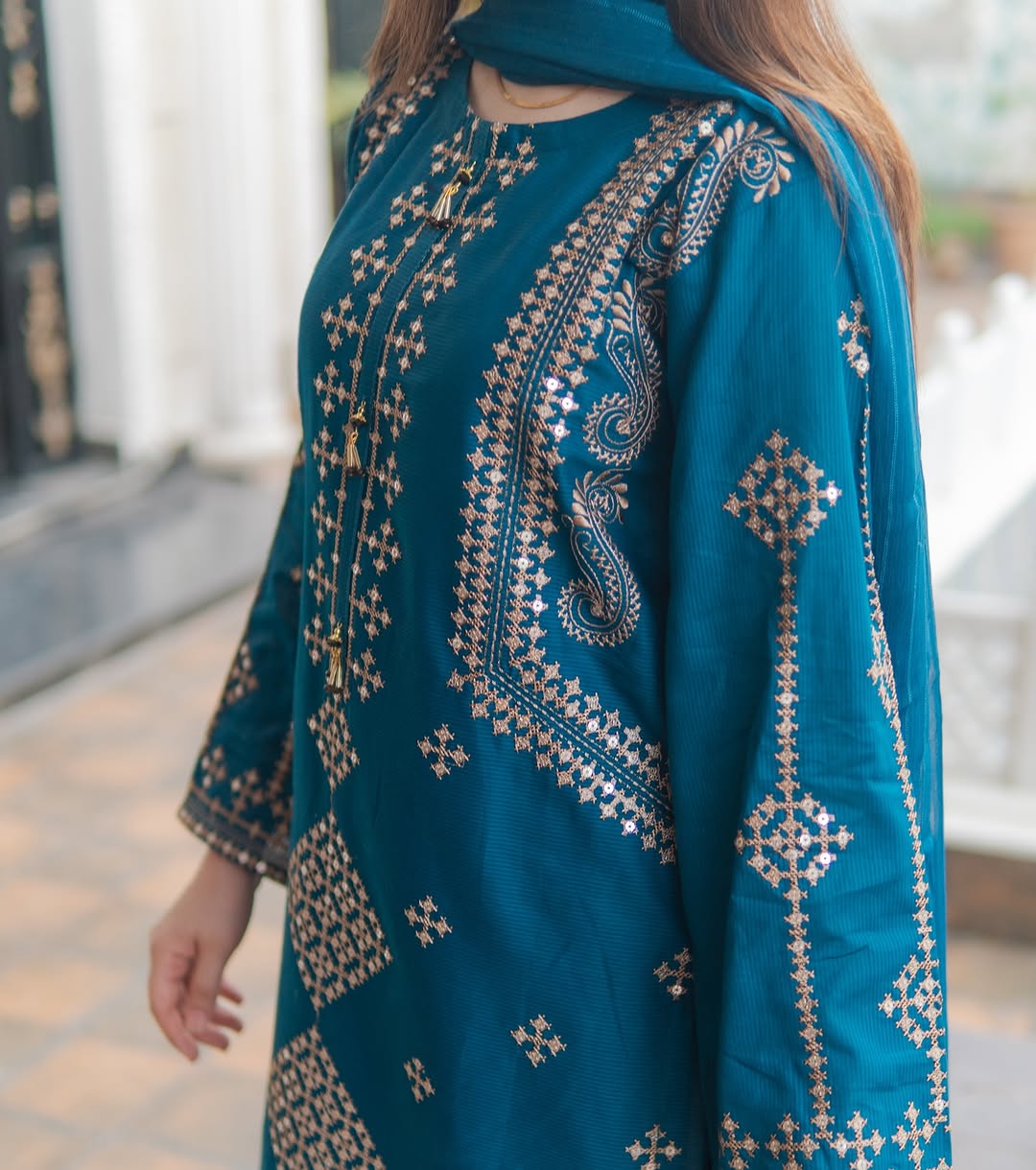 Front & Sleeves Heavy Sequence Embroidered Shirt with Embroiderer Trouser & Dupatta - 3 Piece