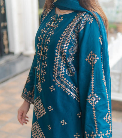 Front & Sleeves Heavy Sequence Embroidered Shirt with Embroiderer Trouser & Dupatta - 3 Piece