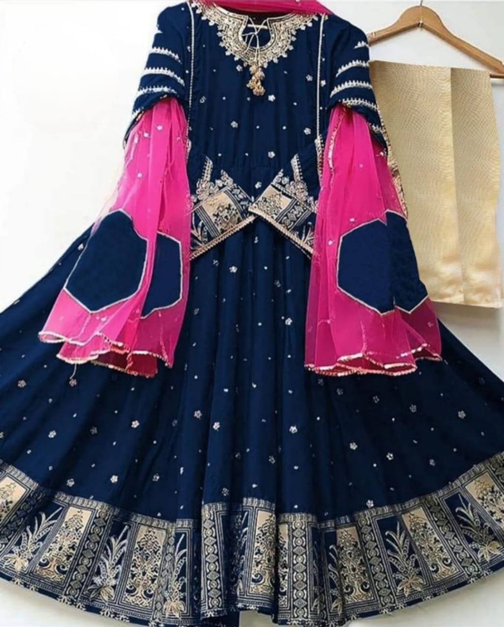 3 Piece - Embroidered Maxi With Pink Dupatta