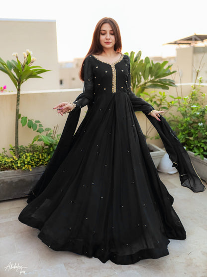 Embroidered with Pearls Attached Long Maxi With Lace Work Chiffon Dupatta 3 - piece