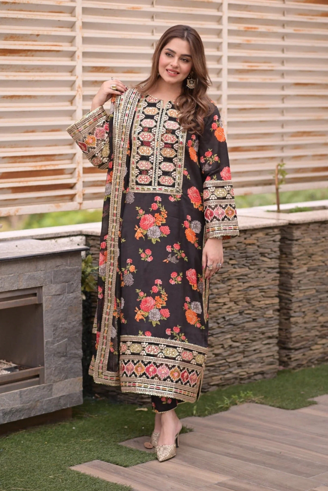 Sequence Patched Embroidered Neck, Sleeves and Daman with Printed Trouser and Dupatta - 3 Piece