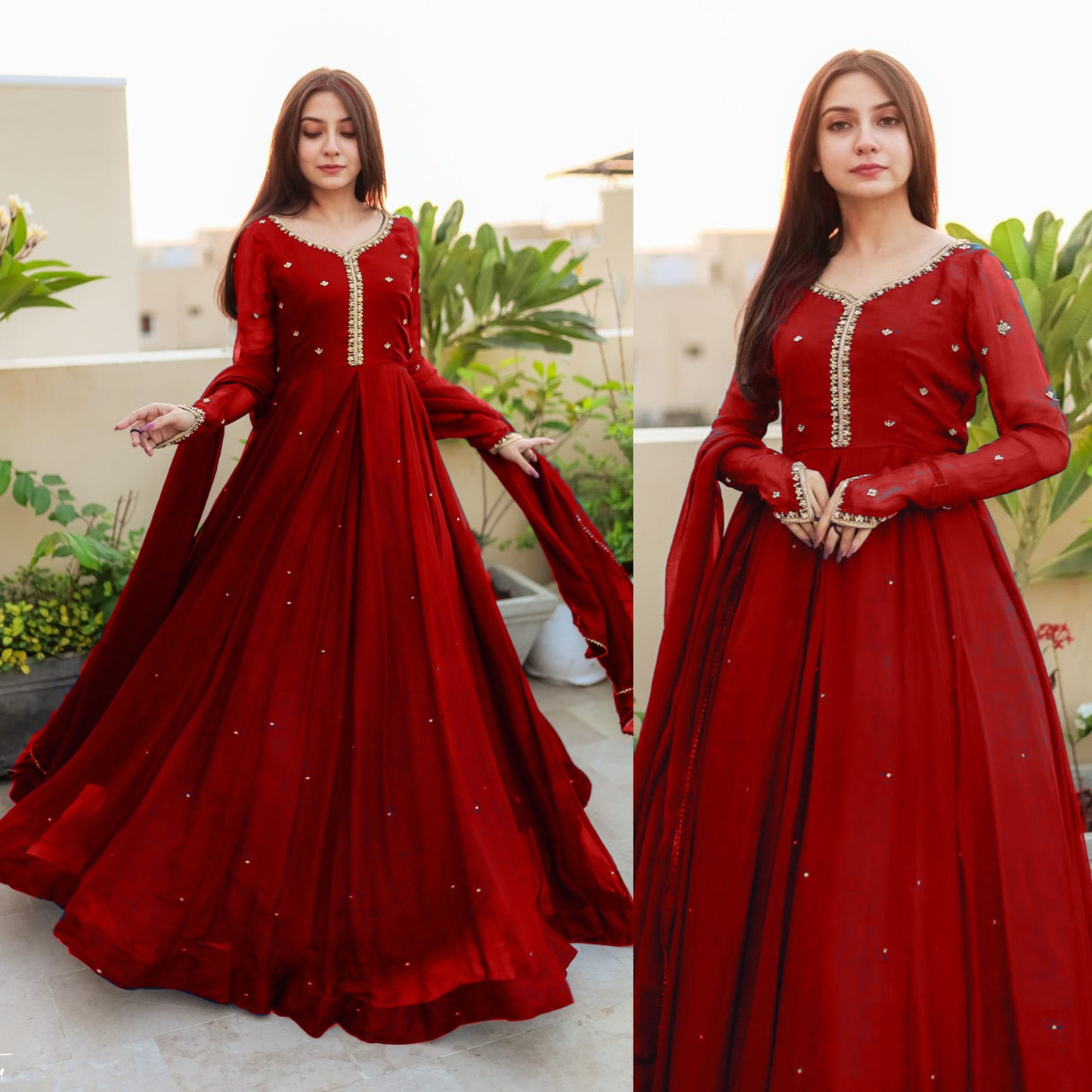 Embroidered with Pearls Attached Long Maxi With Lace Work Chiffon Dupatta 3 - piece