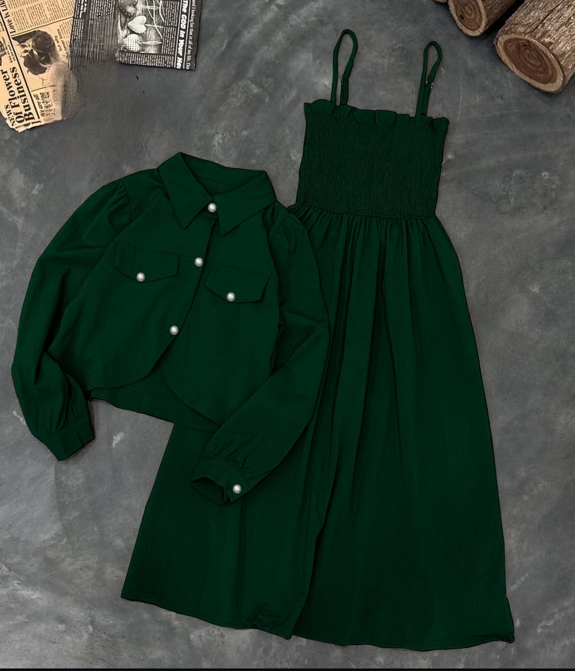 Kaaj Button Coati With Gazzer Romper Frock - 2 Piece