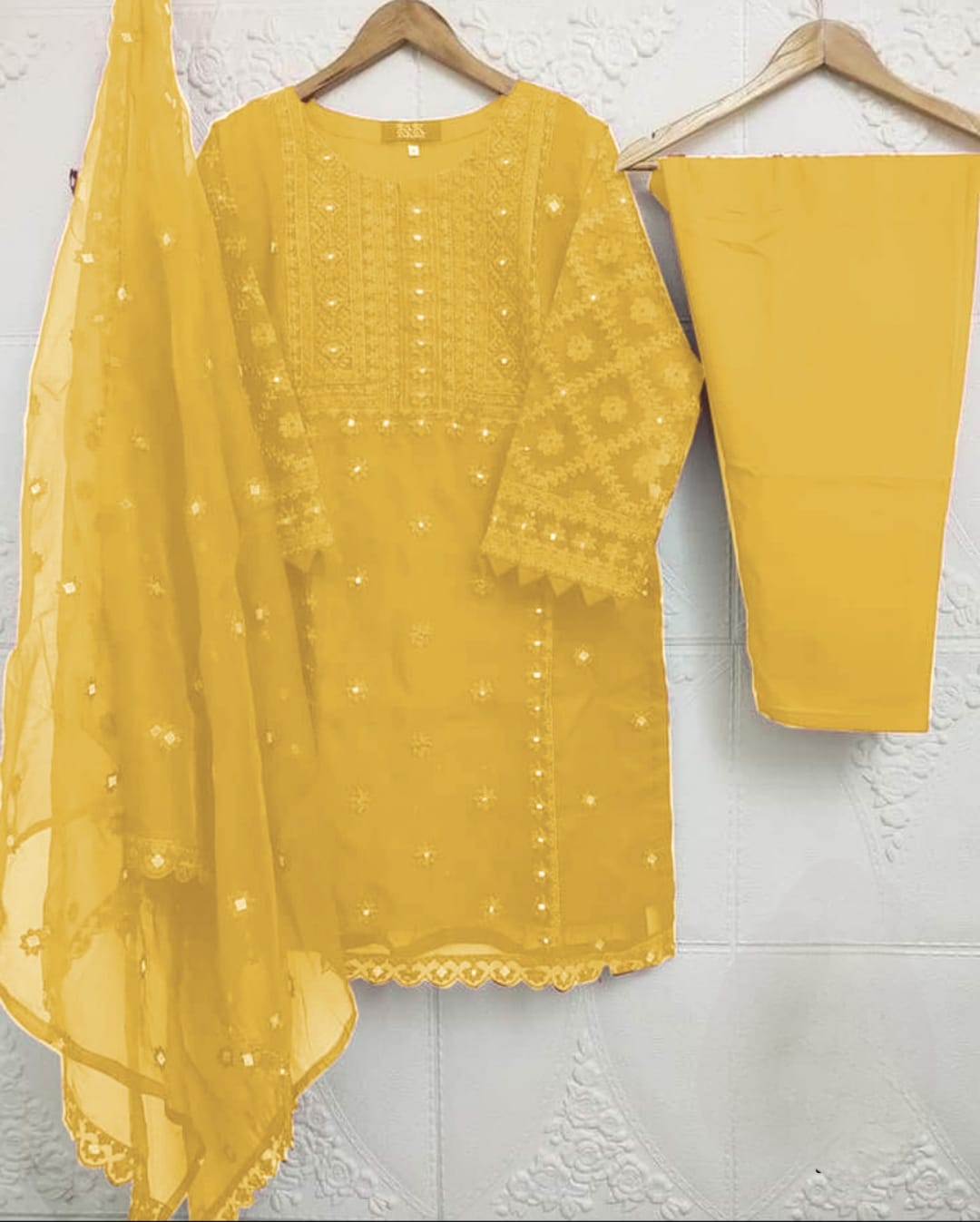 Heavy Embroidery Shirt With Pearls Attached - 3 Piece Dress