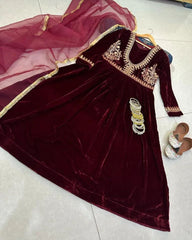 Valvet Neck & Sleeves Embroidered Maxi With Four Sided Lace Dupatta 3 - Piece