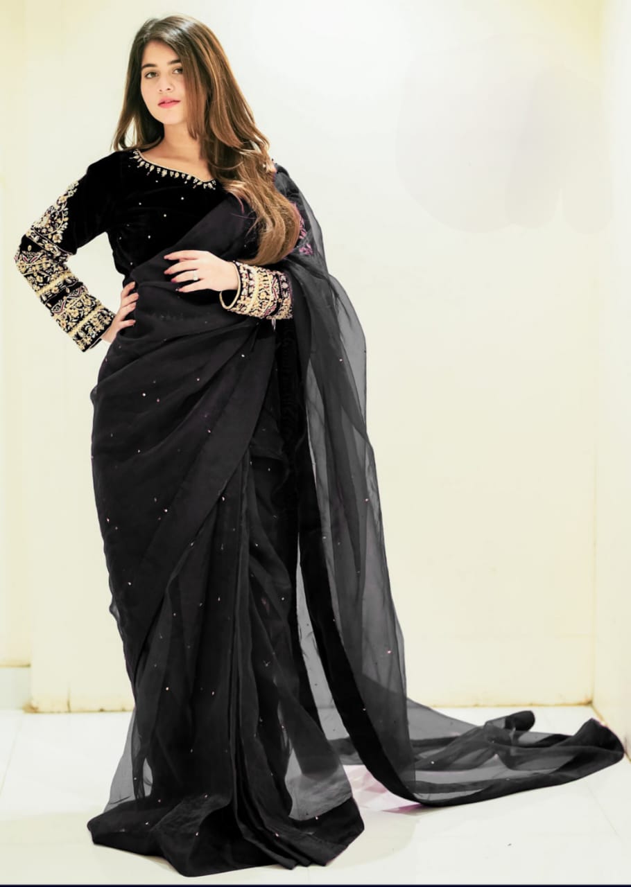 Luxury Chiffon Saree with Pearl Embellished Silk Blouse & Petticoat