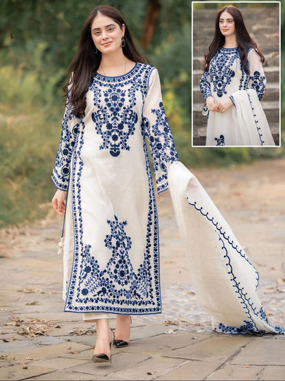 Front Heavy Embroidery Shirt With Frill Style Embroidered Dupatta 3 - Piece