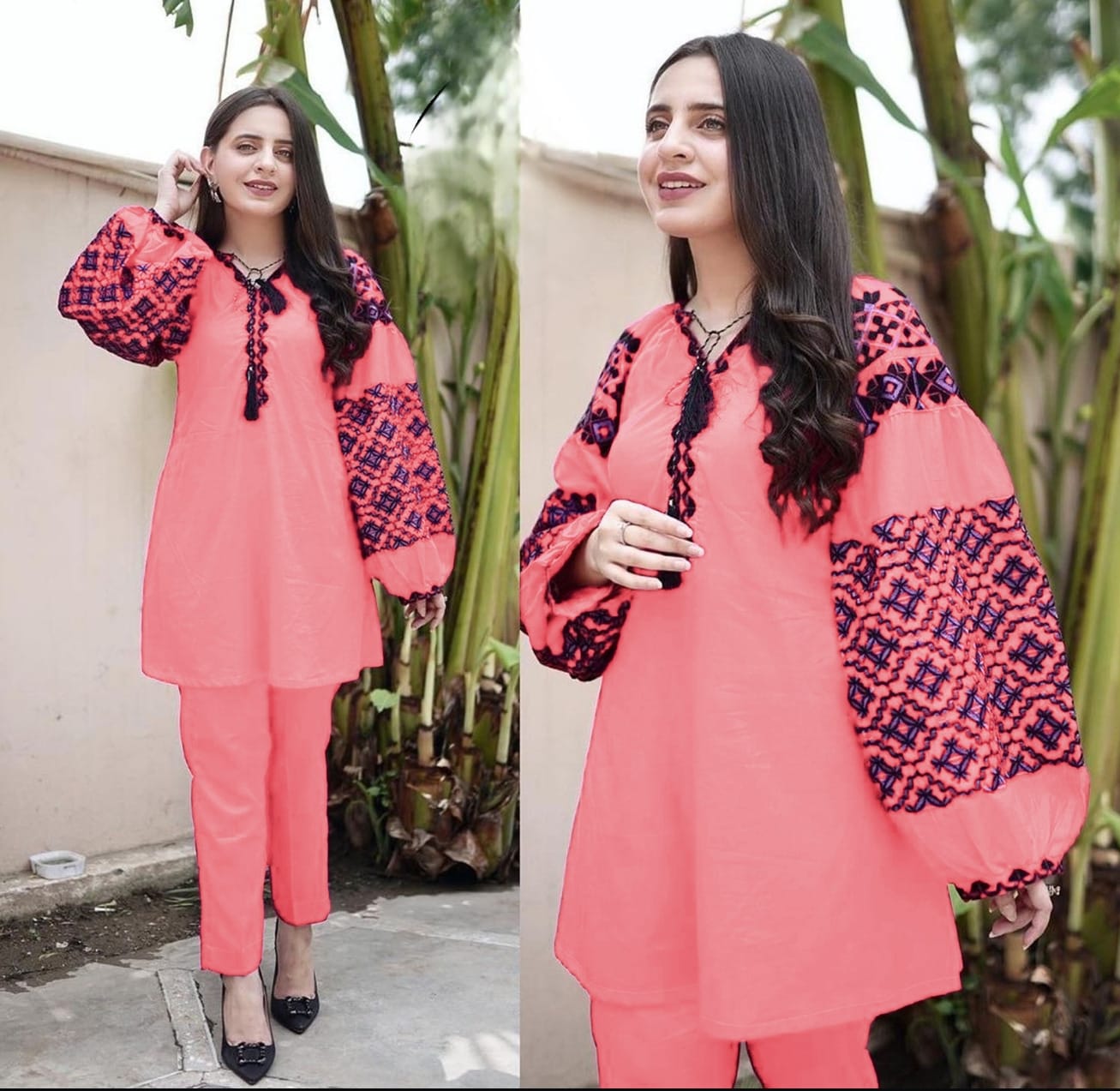 2 Piece Pure Linen Balloon Sleeves Embroidered