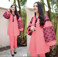 2 Piece Pure Linen Balloon Sleeves Embroidered