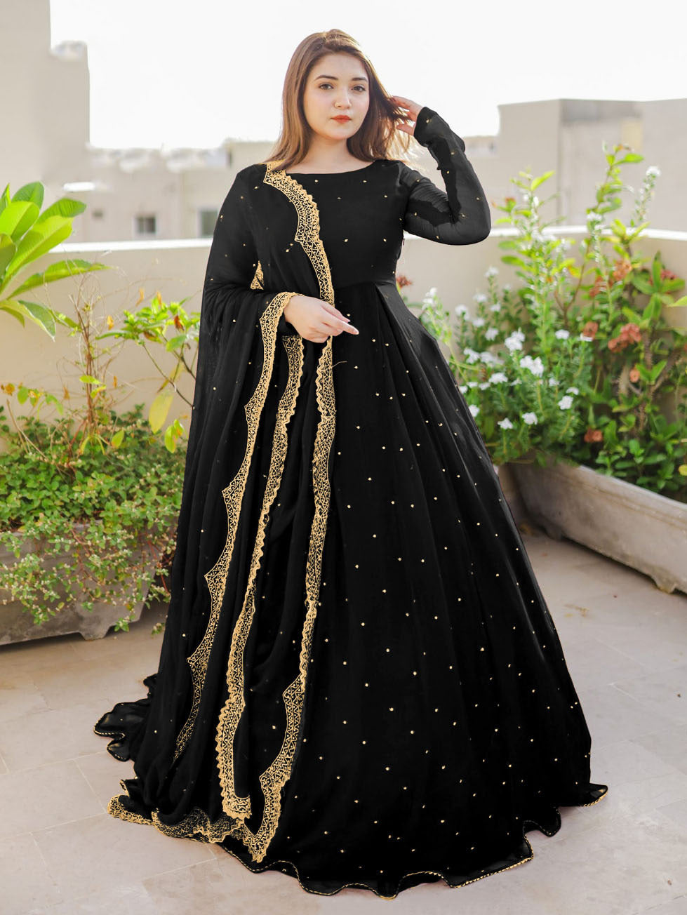 Pearl Detailed Maxi with Lace Work, Dupatta & Trouser - 3 Piece