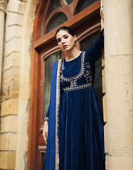 Valvet Neck & Sleeves Embroidered Maxi With Four Sided Lace Dupatta 3 - Piece
