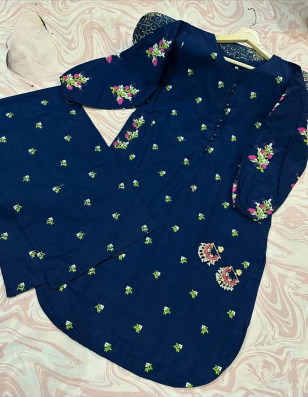 Embroidered Kurti with Front Stitch Buttons & Side Pockets - 2 Piece Flapper Set