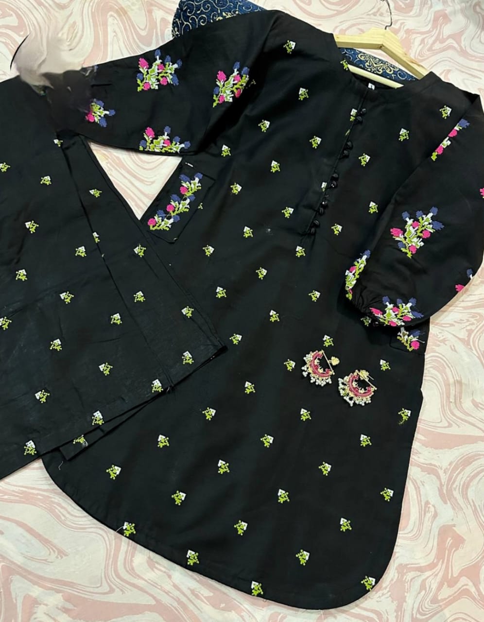 Embroidered Kurti with Front Stitch Buttons & Side Pockets - 2 Piece Flapper Set