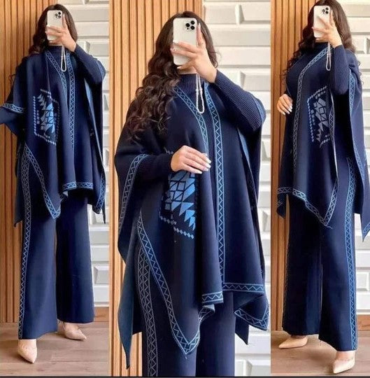 Front And Back Printed Upper Shawls With Plain Inner long Sleeves High Neck and Trouser - 3 Piece