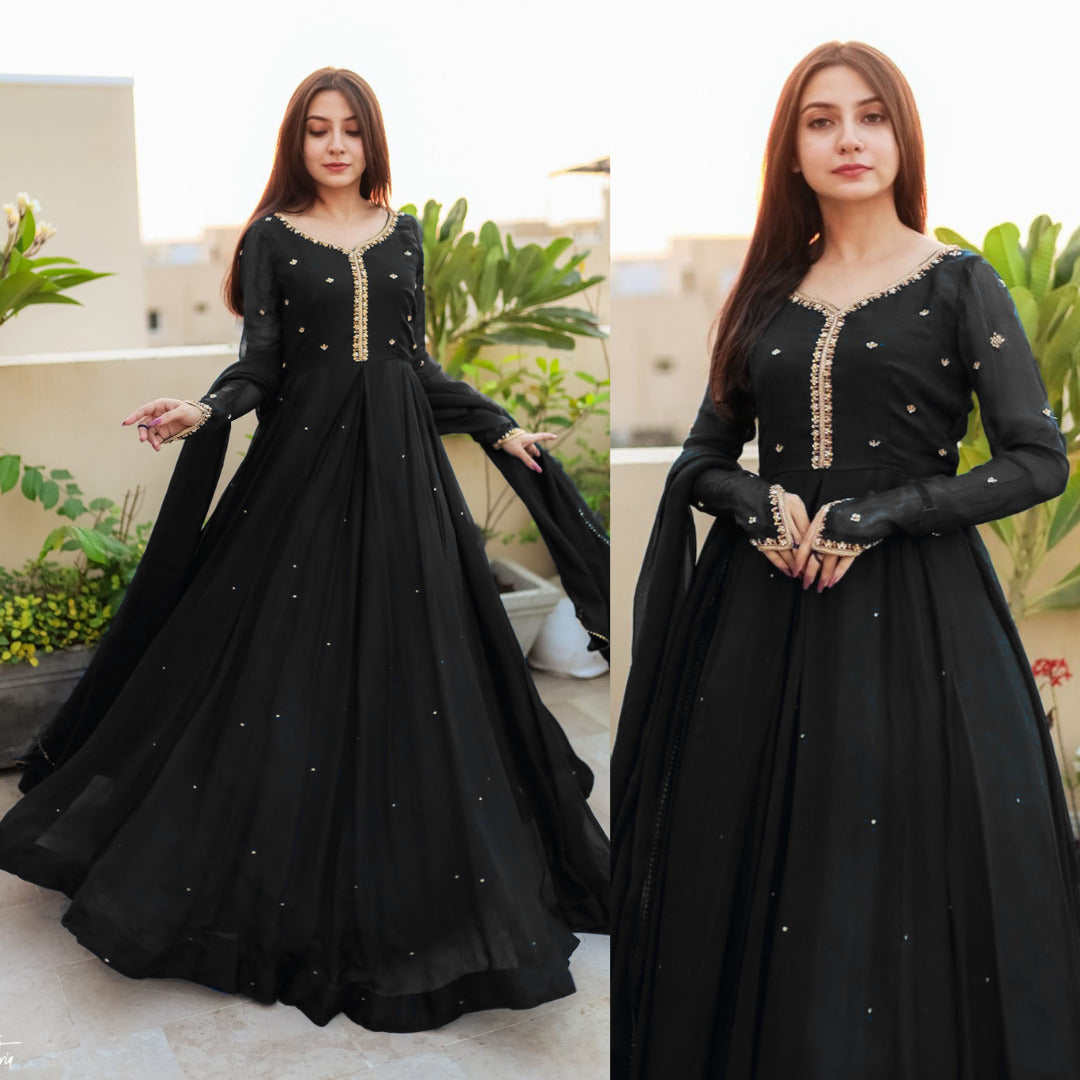 Embroidered with Pearls Attached Long Maxi With Lace Work Chiffon Dupatta 3 - piece