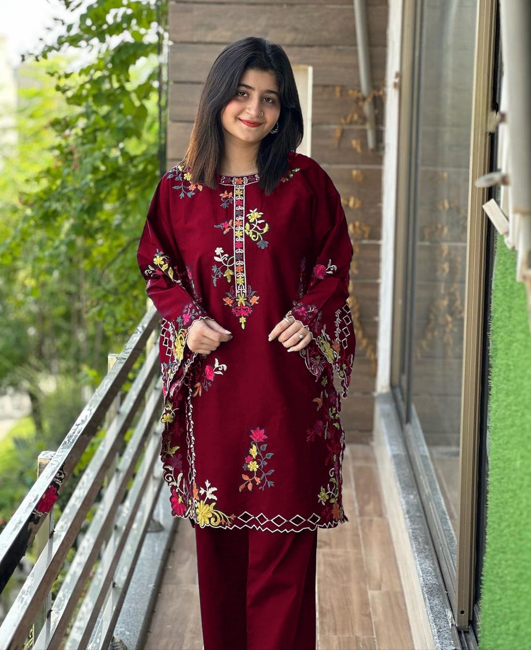 Multi Colorful Long Sleeves Embroidery Shirt With Trouser - 2 Piece