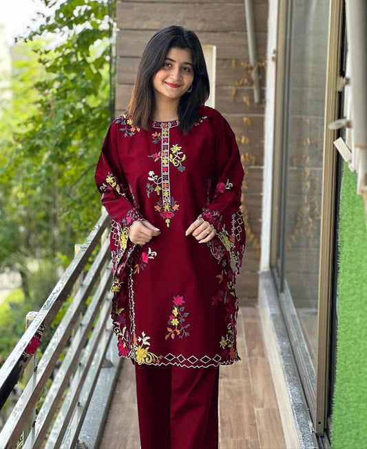Multi Colorful Long Sleeves Embroidery Shirt With Trouser - 2 Piece