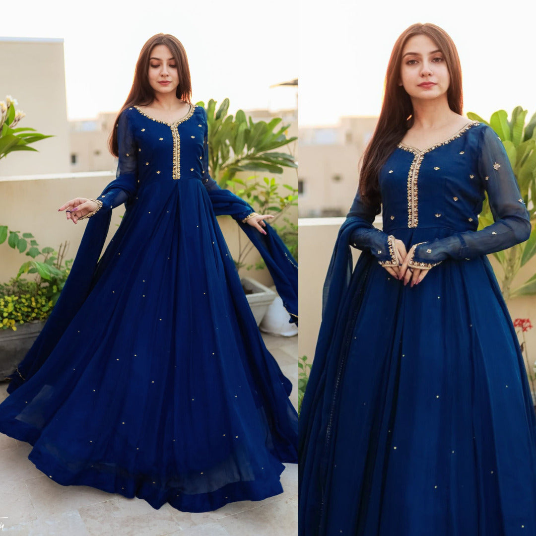 Embroidered with Pearls Attached Long Maxi With Lace Work Chiffon Dupatta 3 - piece