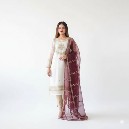 3 Piece -  Embroidered & Handworked Suit – Neck, Sleeves & Daman with Embroidered Dupatta
