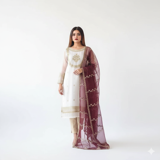 3 Piece -  Embroidered & Handworked Suit – Neck, Sleeves & Daman with Embroidered Dupatta