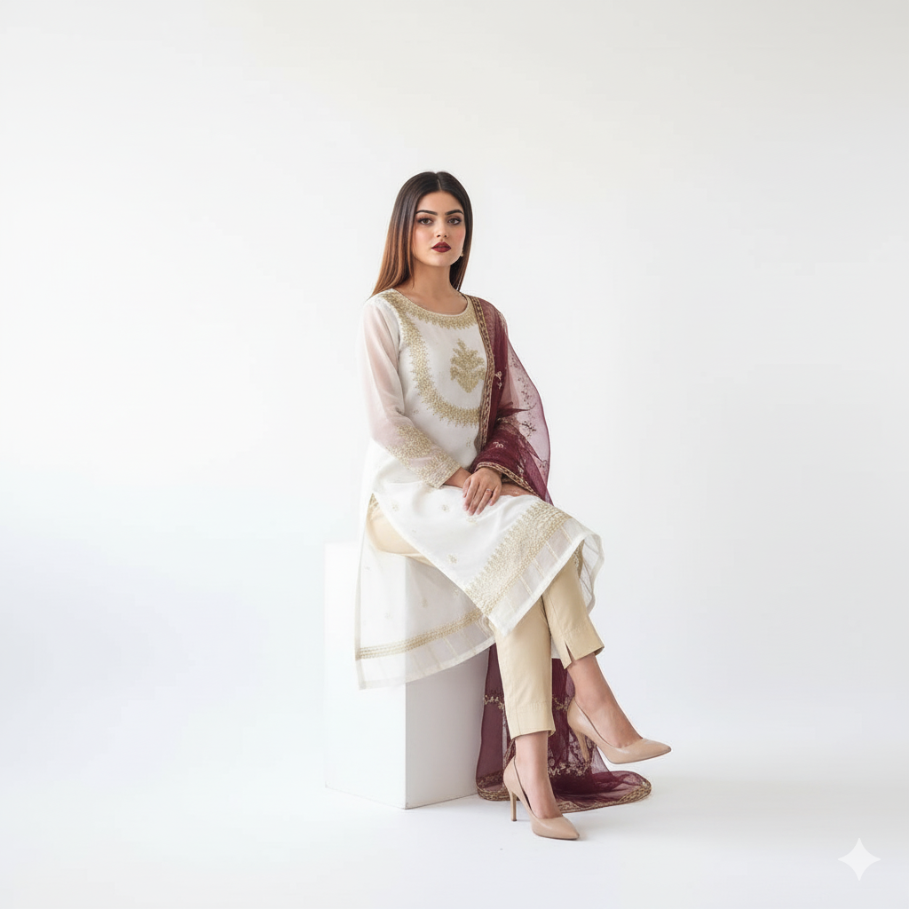3 Piece -  Embroidered & Handworked Suit – Neck, Sleeves & Daman with Embroidered Dupatta