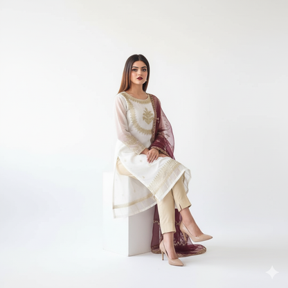 3 Piece -  Embroidered & Handworked Suit – Neck, Sleeves & Daman with Embroidered Dupatta