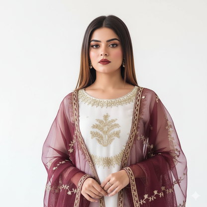 3 Piece -  Embroidered & Handworked Suit – Neck, Sleeves & Daman with Embroidered Dupatta