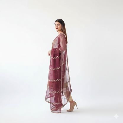 3 Piece -  Embroidered & Handworked Suit – Neck, Sleeves & Daman with Embroidered Dupatta