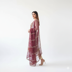 3 Piece -  Embroidered & Handworked Suit – Neck, Sleeves & Daman with Embroidered Dupatta